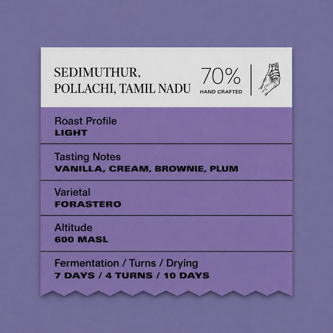 Terroir (70% Dark):SEDIMUTHUR, POLLACHI, TAMIL NADU