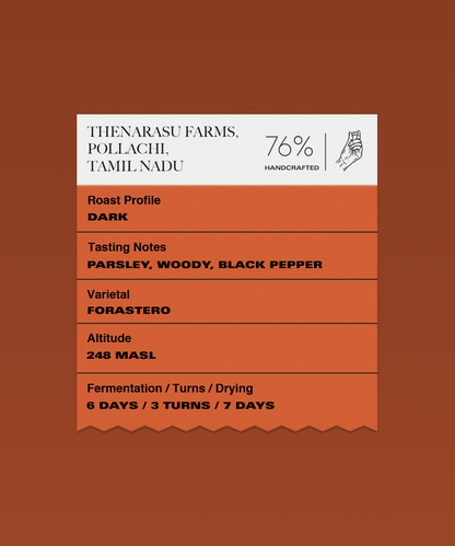 Terroir (76% Dark): Thenarasu Farms, Pollachi, Tamil Nadu (Single Origin Dark Chocolate)