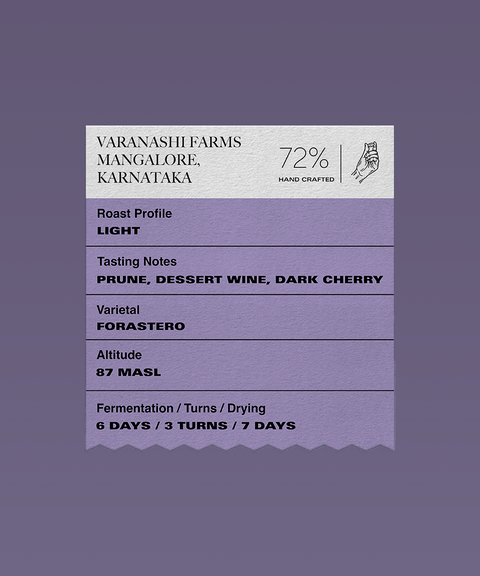 Terroir (72% Dark): Lot #12 - Varanashi Farms, Mangalore, Karnataka (Single Origin Dark Chocolate)